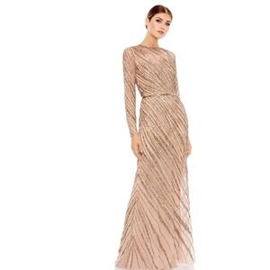 Mac Duggal Size 10 $598 NWT Long Sleeve Heavily Beaded Column Gown Mocha